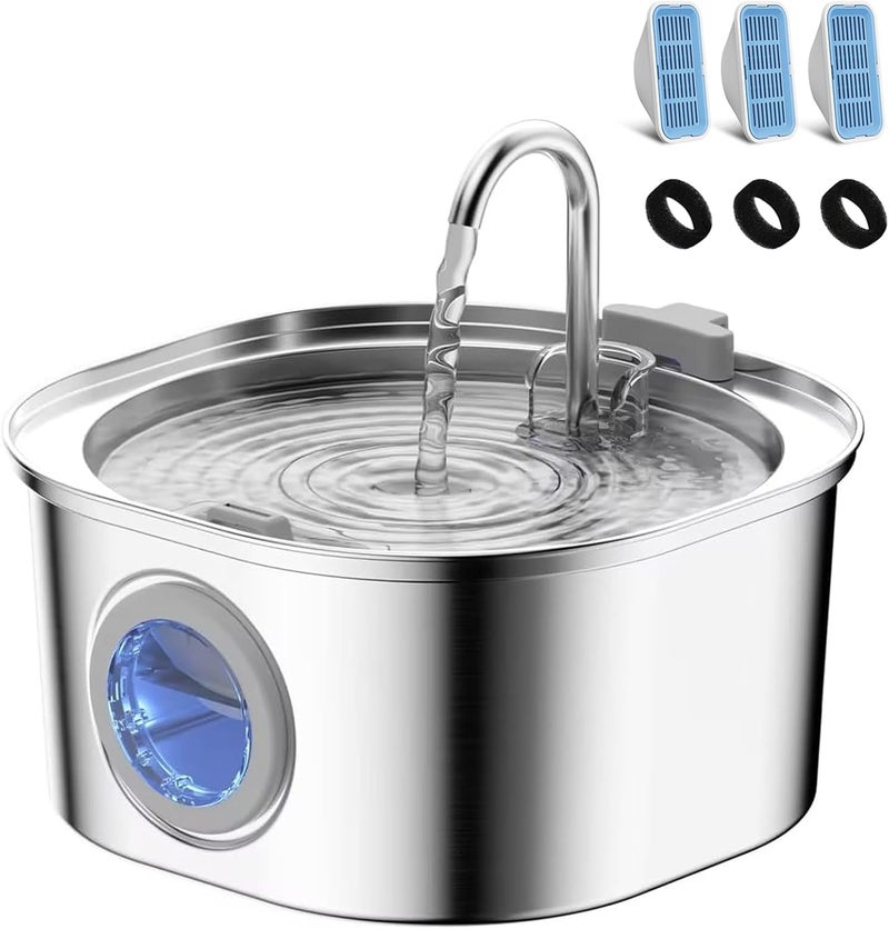 PEKTACO Cat Water Fountain, Pet Water Fountain for Cats/Dogs Indoor, Stainless Steel Cat Drinking Fountains with Water Level Window and 3 Filters + 3 Sponges(3.2L/108oz) - Image 1